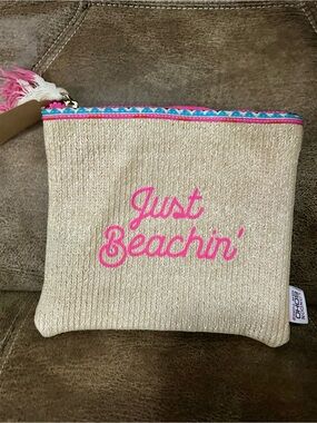 Just Beachin' Beige Cosmetic Pouch with Pink Accent